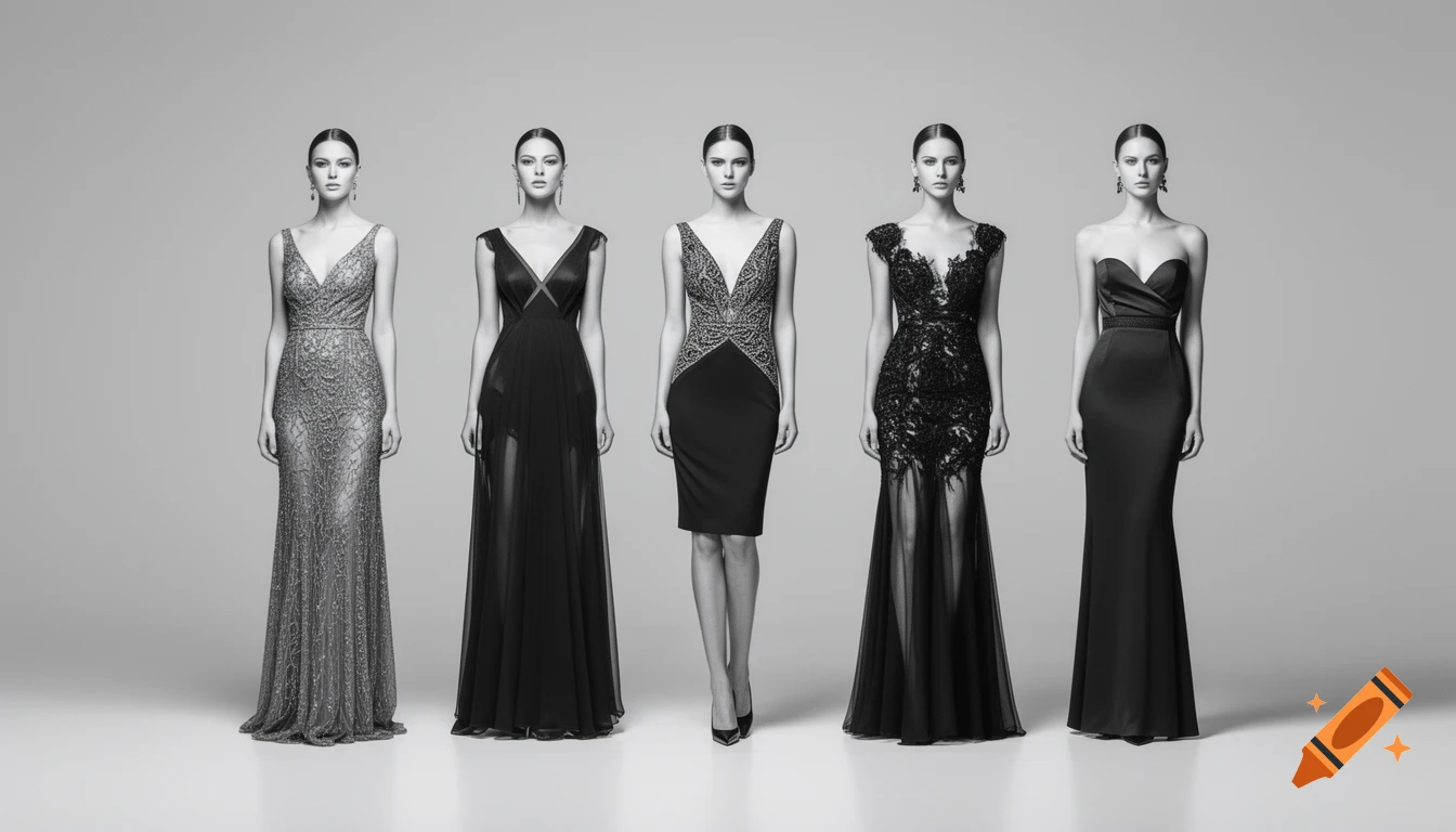 Five models in black and white evening dresses, in a horizontal lineup on a light gray studio background with floor reflection, high-fashion editorial style.