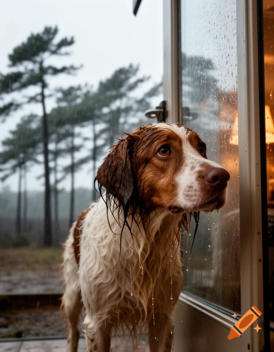 A wet brown and white dog stands at a glass door, looking up as rain falls outside with pine trees in the background.