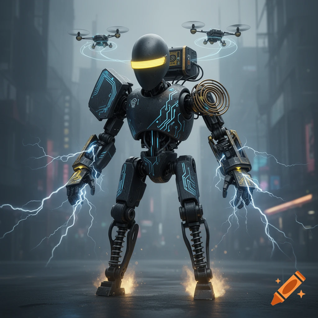 A dark robot with glowing blue circuit patterns and a yellow visor stands in a city, discharging lightning from its hands and energy from its feet. Two drones hover above.