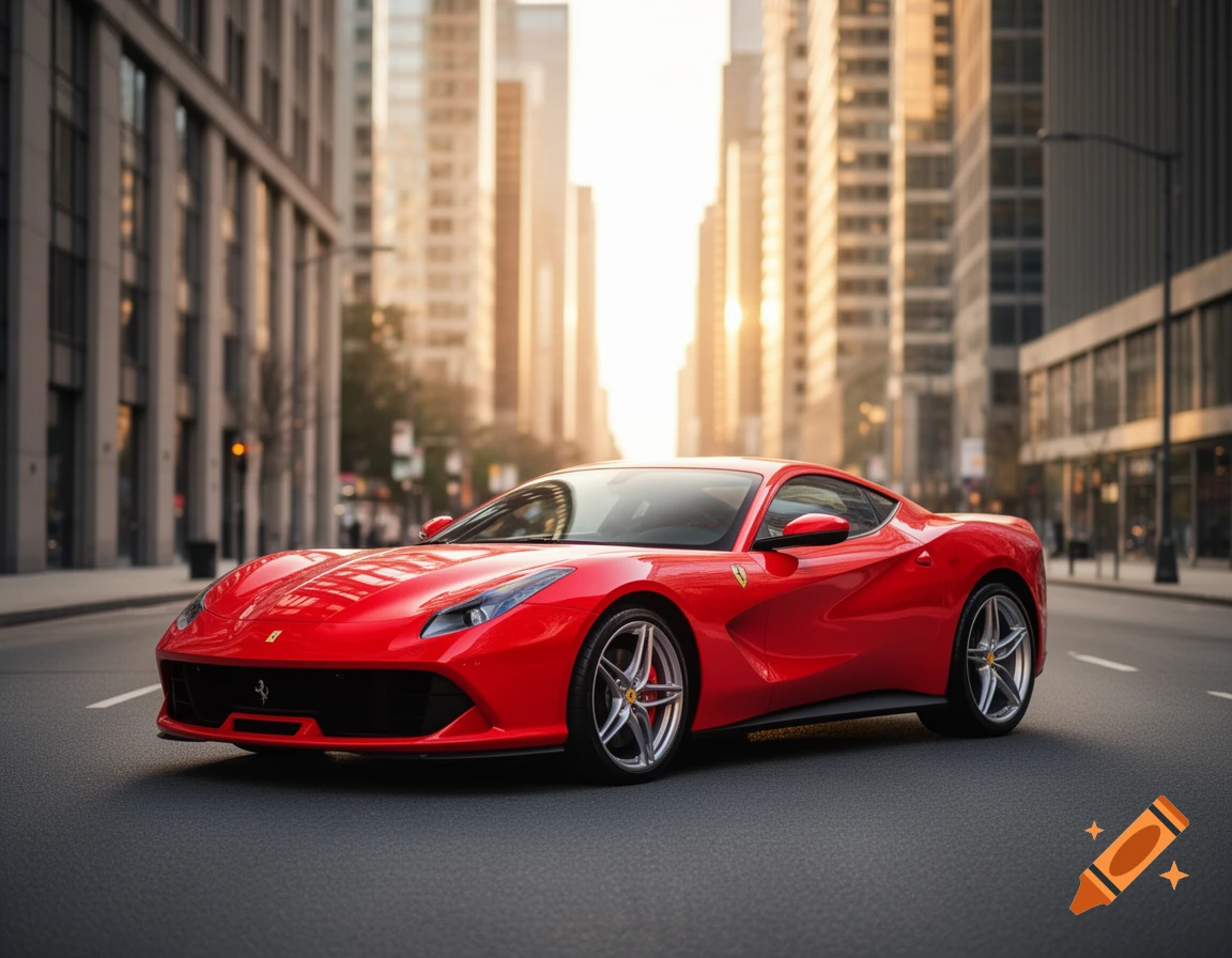A photorealistic red sports car is parked on a city street with tall buildings in the background.