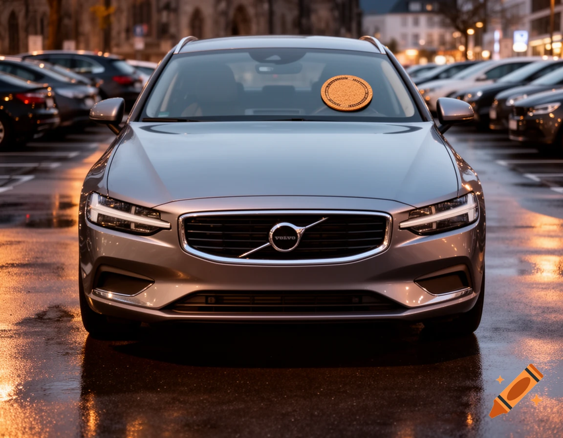 Photorealistic front view of a grey Volvo car parked in a wet city parking lot at dusk, with a round wooden parking disk on the dashboard.