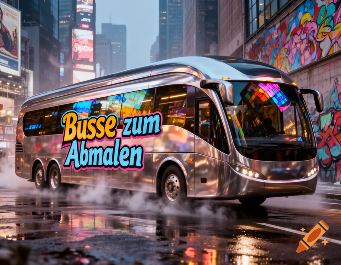 A shiny silver bus with "Busse zum Abmalen" written on its side drives through a wet city street at night, with reflections and bright neon lights.