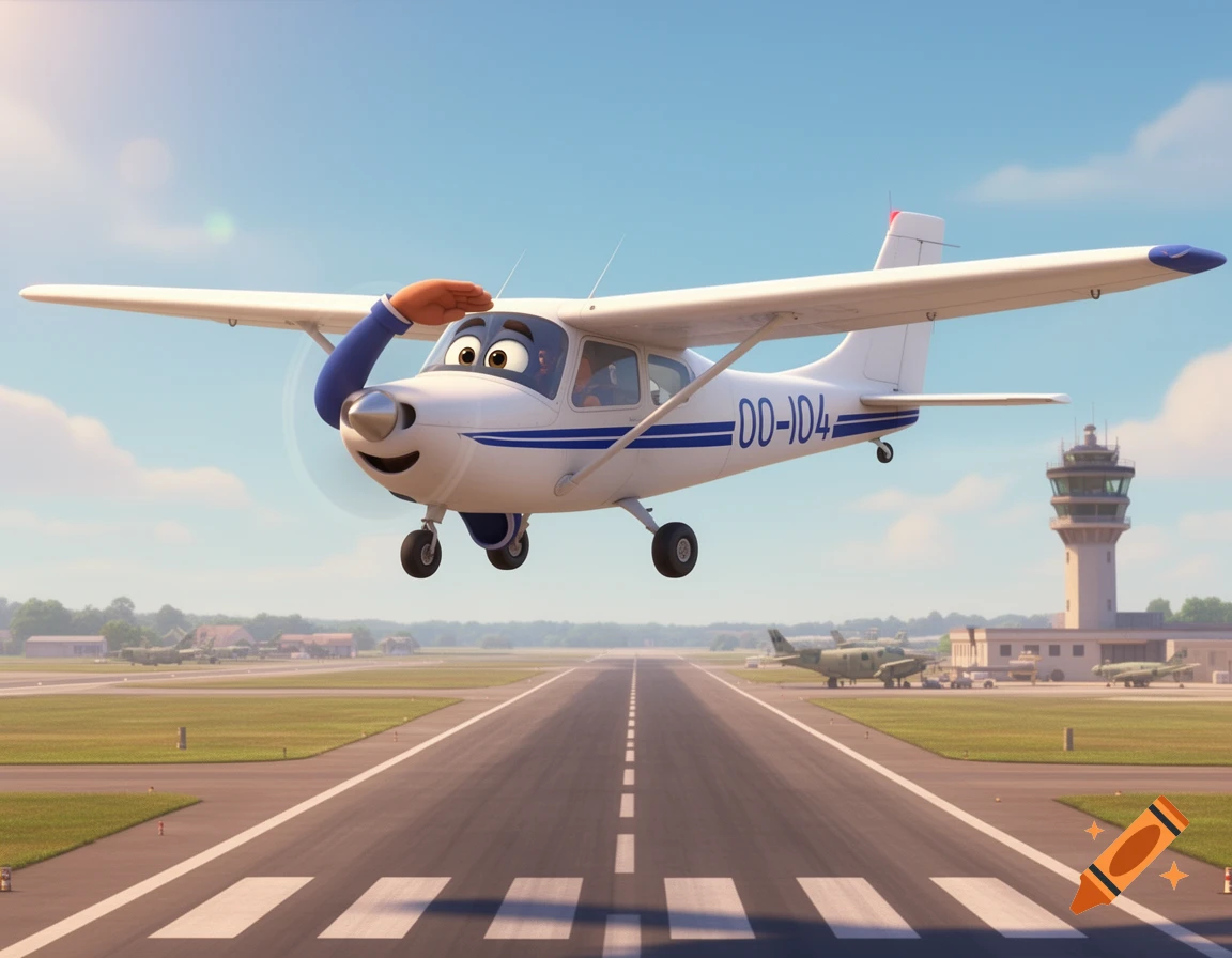 A funny Pixar-style cartoon airplane with expressive eyes and a blue stripe salutes while flying over an airport runway with a control tower.