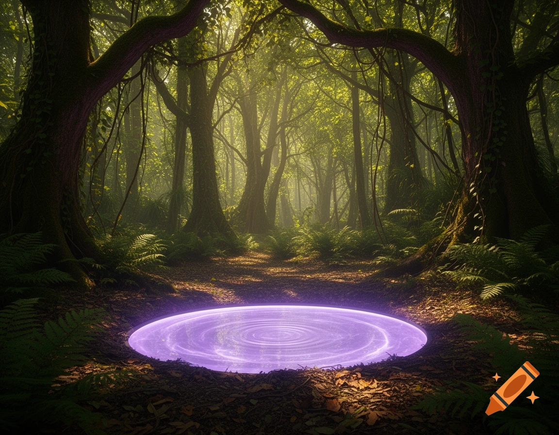 A mystical forest scene featuring a glowing purple portal on the ground, illuminated by dappled sunlight.