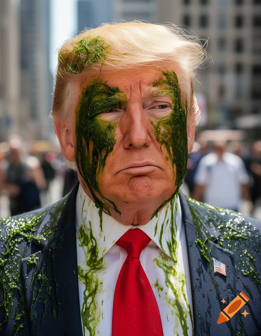 Photorealistic portrait of Donald Trump with green algae dripping down his face, hair, and suit, standing on a city street.