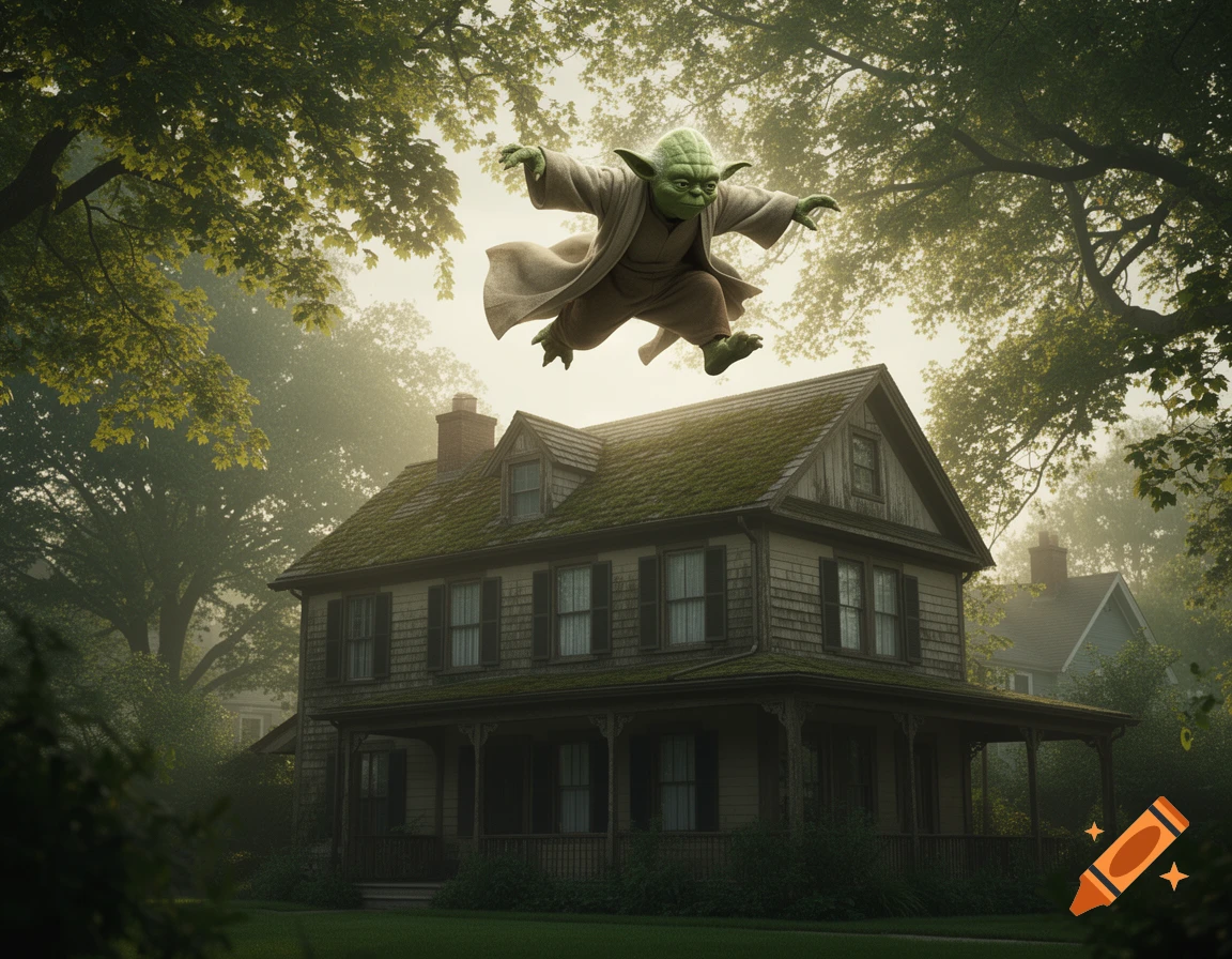 Yoda jumps dynamically over a moss-covered house surrounded by misty trees in a photorealistic style.