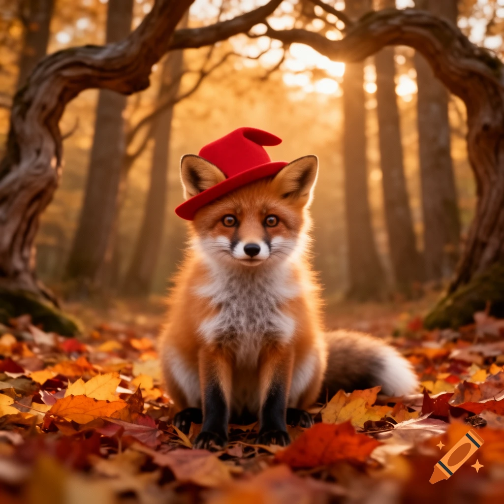 A cute fox in a red hat sits among fallen autumn leaves in a sunlit forest.