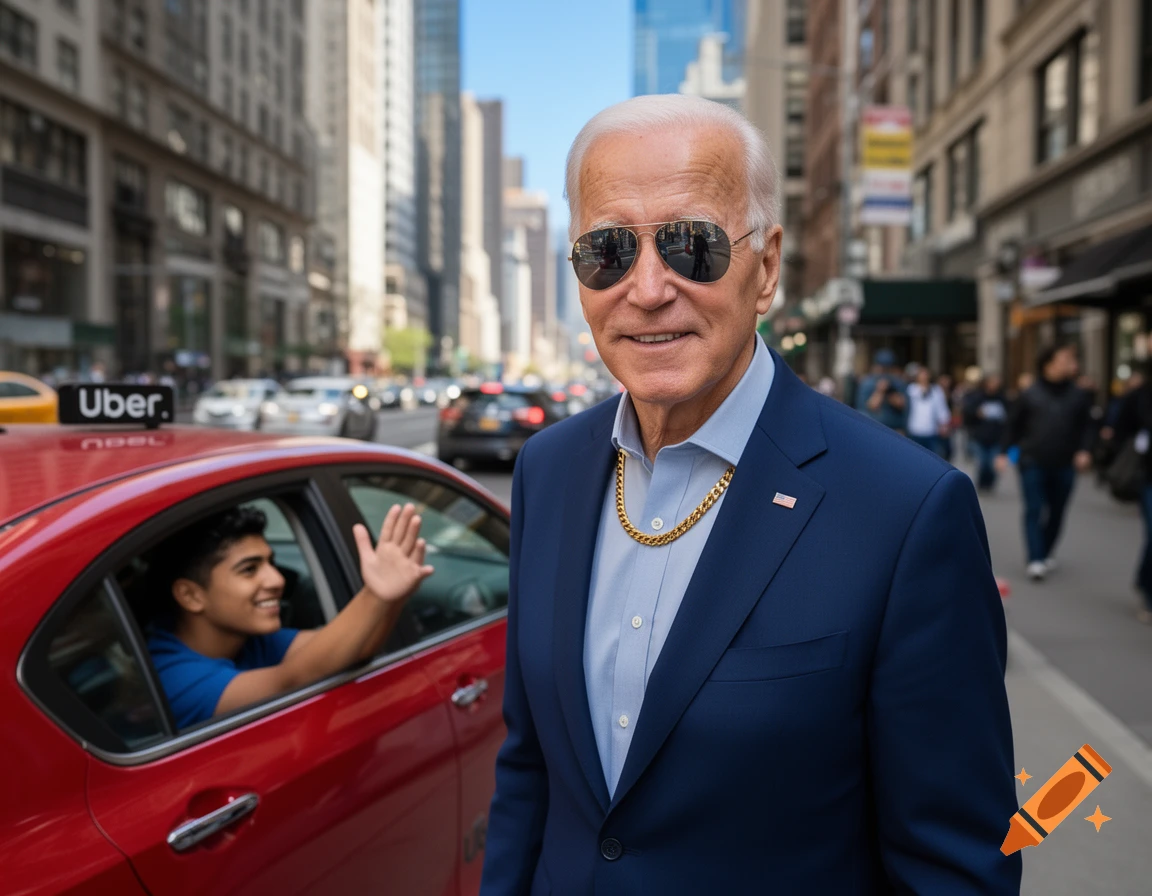 Joe Biden in a suit with sunglasses and a gold chain stands on a city street next to a red Uber car, as a young man waves from the back seat.