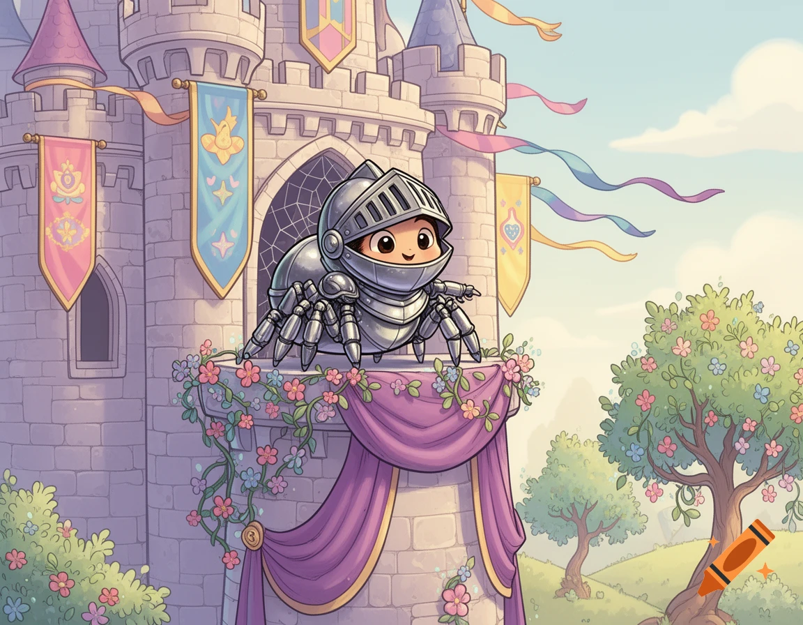 A cute cartoon spider in knight armor stands on a castle balcony adorned with flowers and purple drapes, in a fantasy setting.