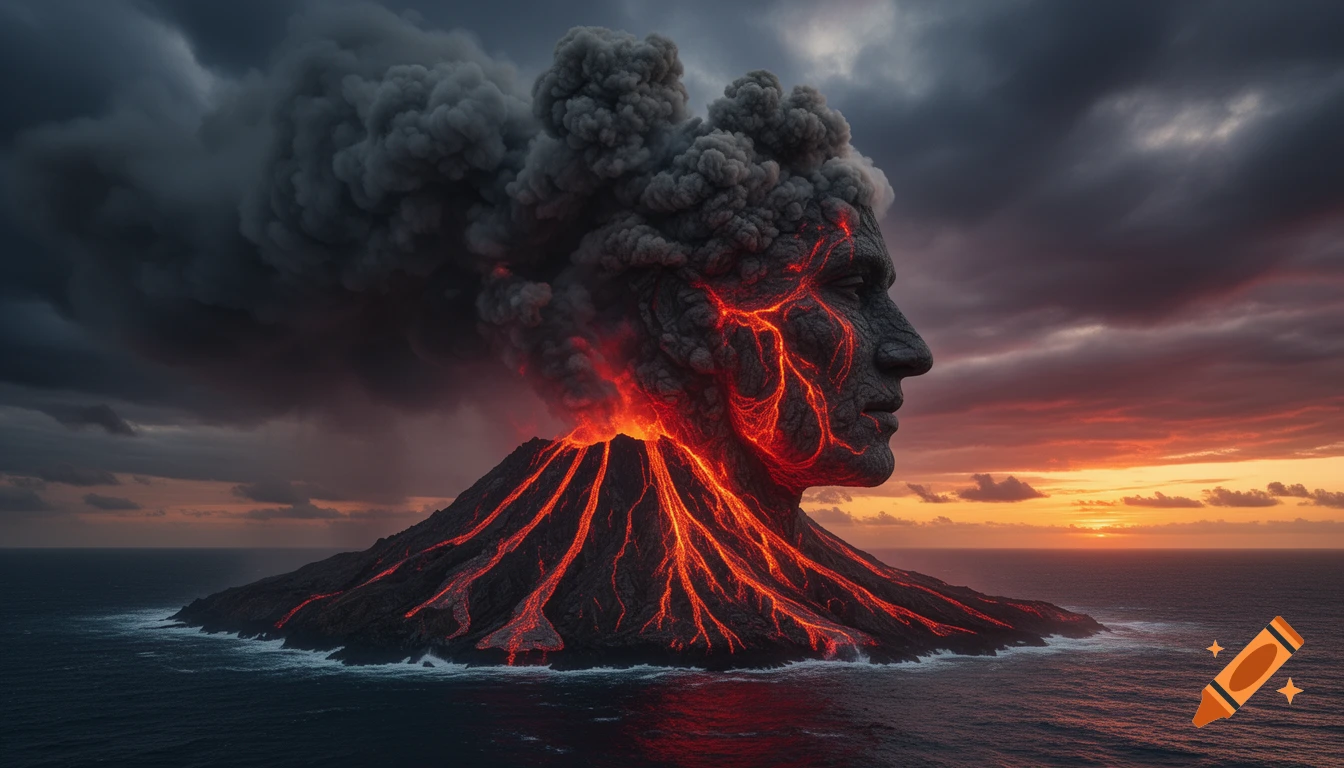 An active volcanic island shaped like a human face, with molten lava and smoke rising against a stormy sunset sky.