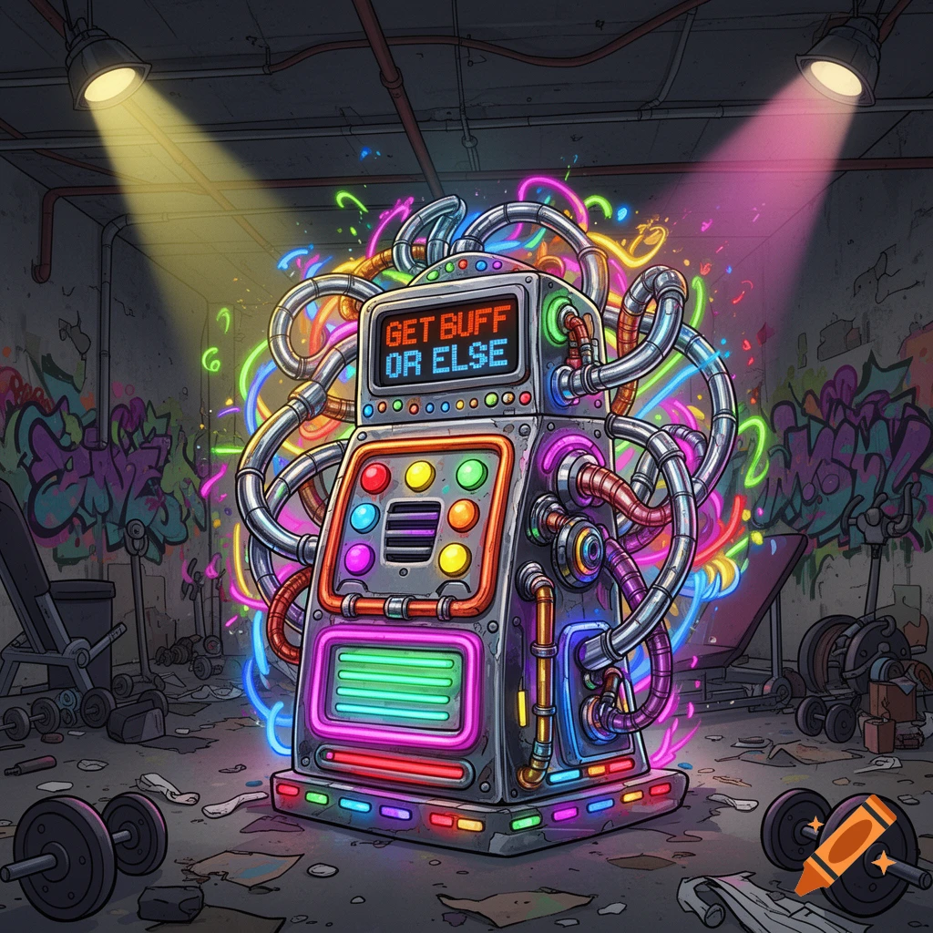 A colorful, neon-lit futuristic fitness machine with 'GET BUFF OR ELSE' on its screen stands in a grungy, graffiti-covered gym with weights.