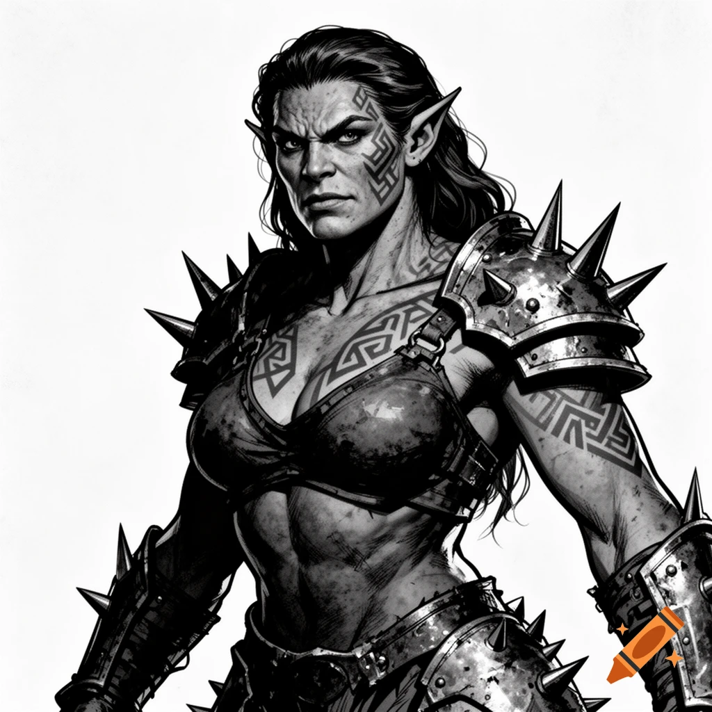 Black and white comic book style illustration of a fierce female orc warrior with pointy ears and tribal tattoos, wearing spiked armor.