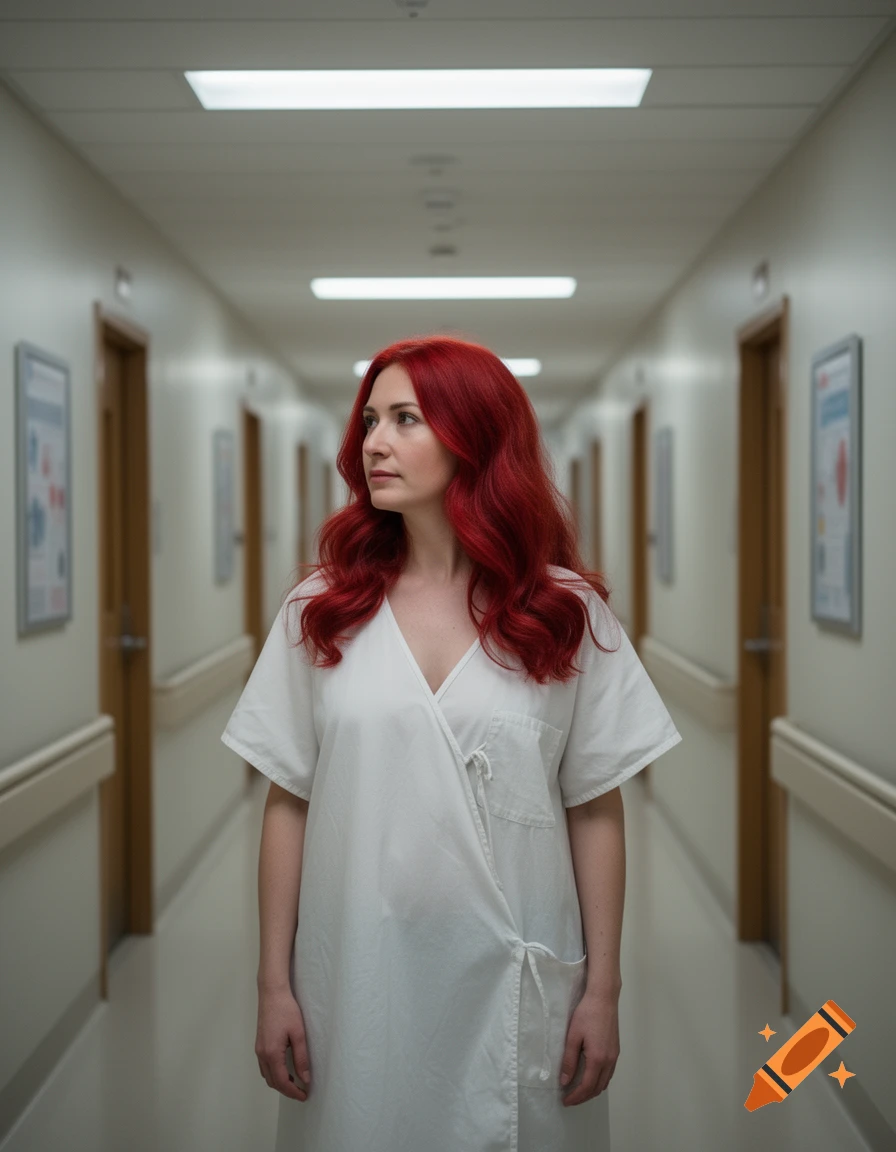 A woman with vibrant red hair wearing a white hospital gown stands looking left in a brightly lit hallway.