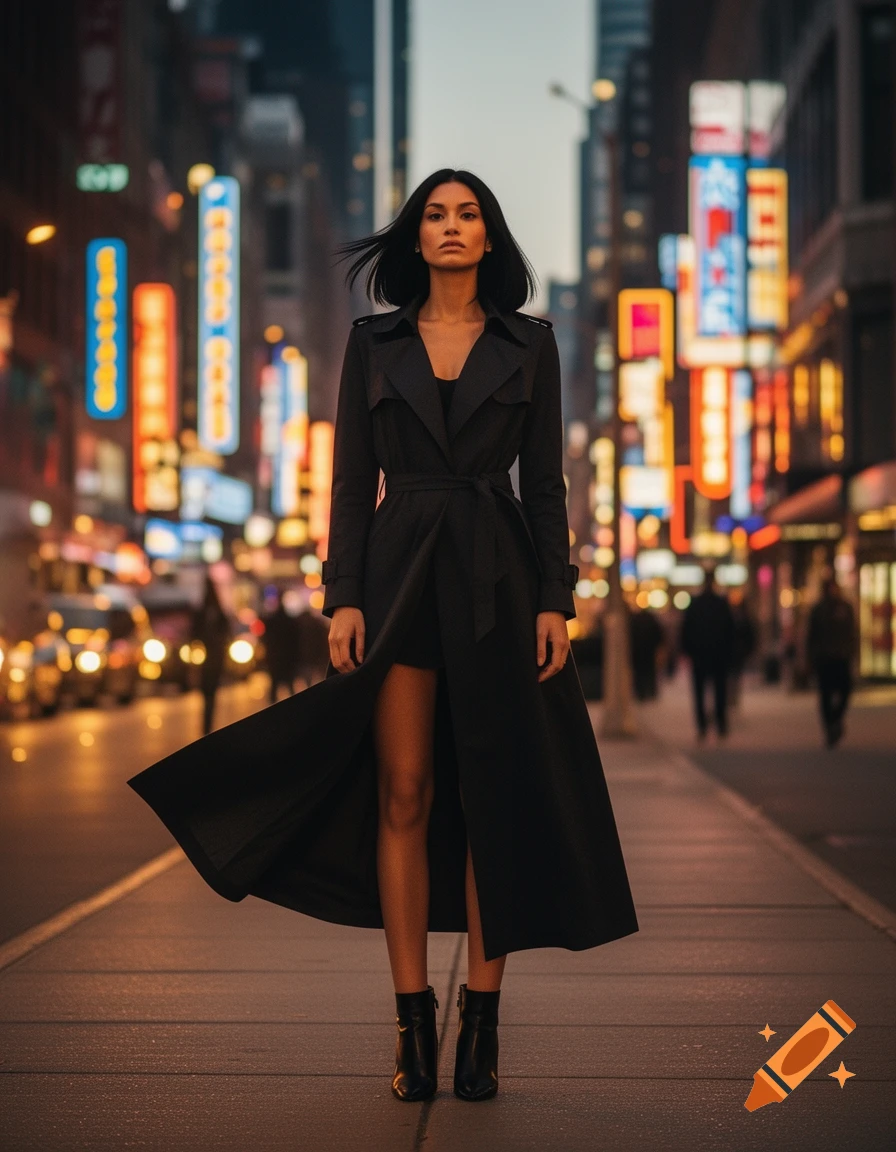 A tall woman with dark hair, wearing a black trench coat and boots, stands on a city street at dusk, surrounded by blurred neon lights.