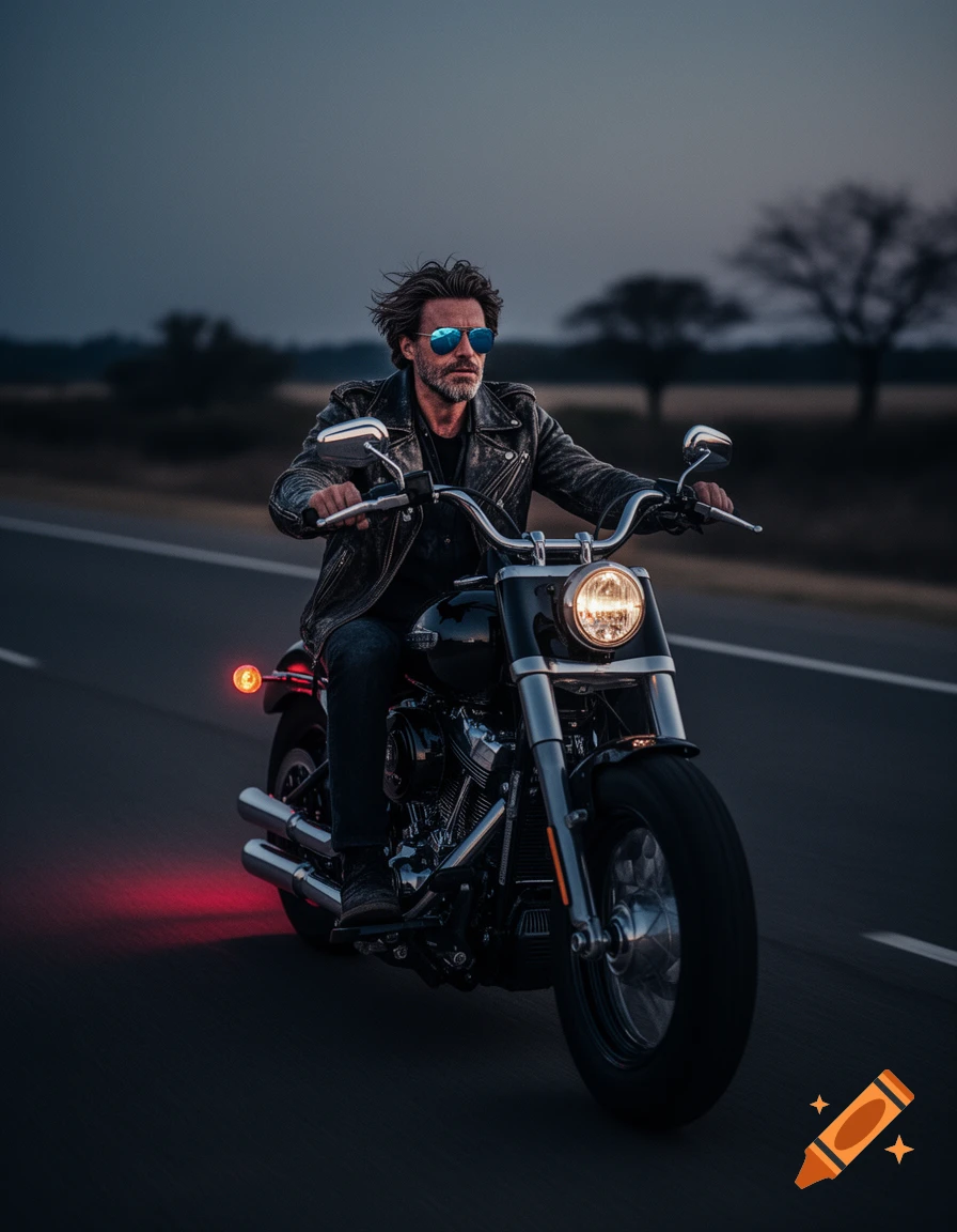 A man in a leather jacket and sunglasses rides a black motorcycle on a road at dusk.