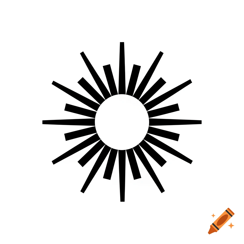 A black and white minimalist logo of a sun with radiating rays on a white background.