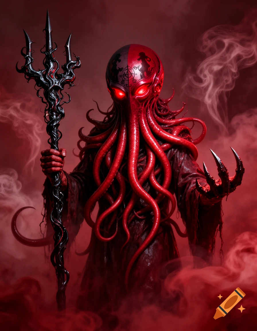 A demonic Cthulhu-like figure with a red mask and glowing red eyes, tentacles on its face, holding a dark trident in red smoke.