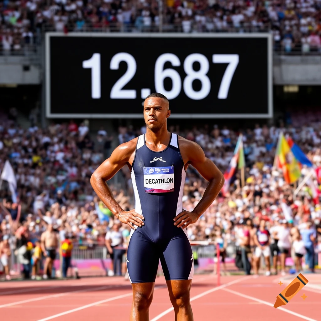 A male athlete in a navy and white uniform stands on a running track, hands on hips, with a large scoreboard showing "12.687" behind him in a stadium.