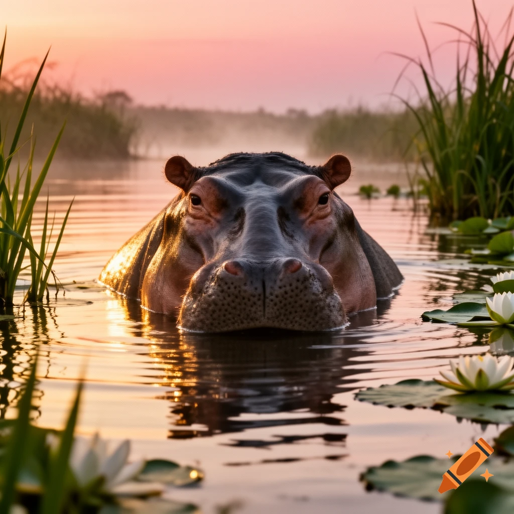 A hippopotamus's head and back emerge from still water with water lilies at sunset, surrounded by reeds.