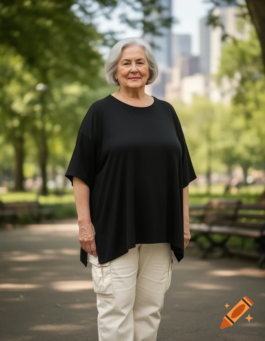 A 70-year-old woman with short gray hair, wearing a black tunic top and cream cargo pants, stands in a park with blurred trees and city buildings.