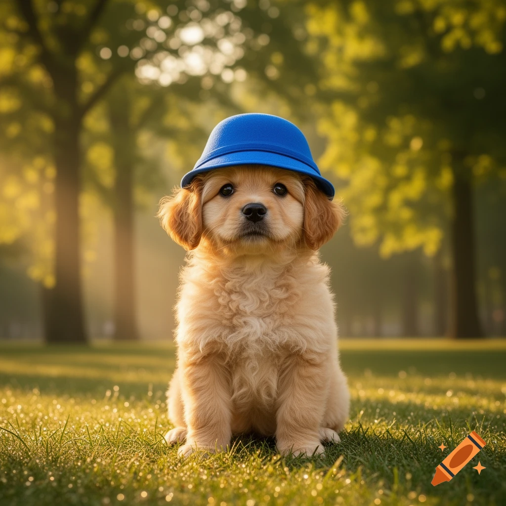 A fluffy golden retriever puppy wears a blue hat while sitting in a sunny green park, photorealistic.