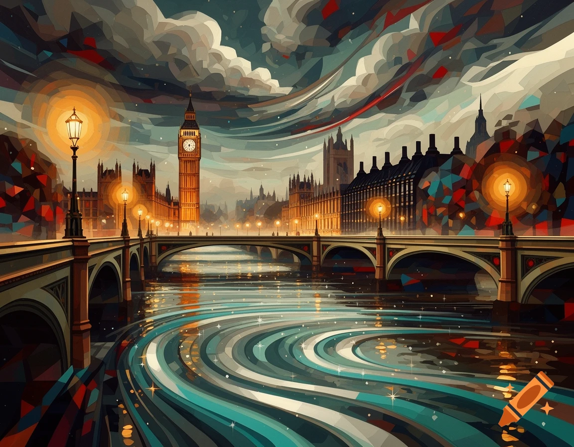 Abstract cityscape of London at dusk, featuring Big Ben, Westminster Bridge, and the River Thames in a vibrant, stylized art style.