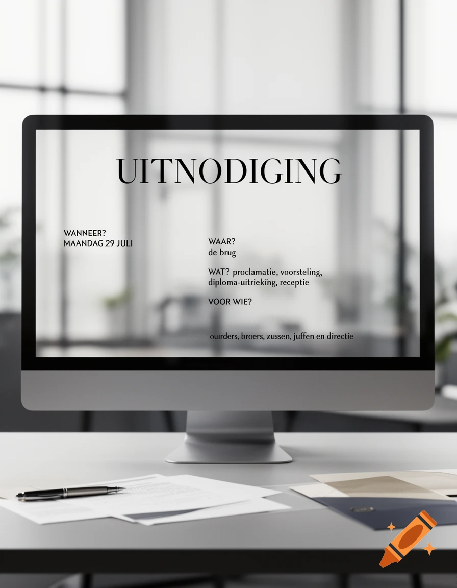 A computer monitor displaying an invitation with text "UITNODIGING" in an office setting with papers and a pen on the desk.