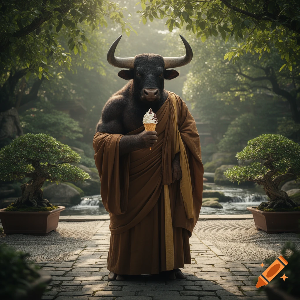 A photorealistic bull-headed monk in brown robes holds an ice cream cone in a serene Japanese garden with bonsai trees and a stream.