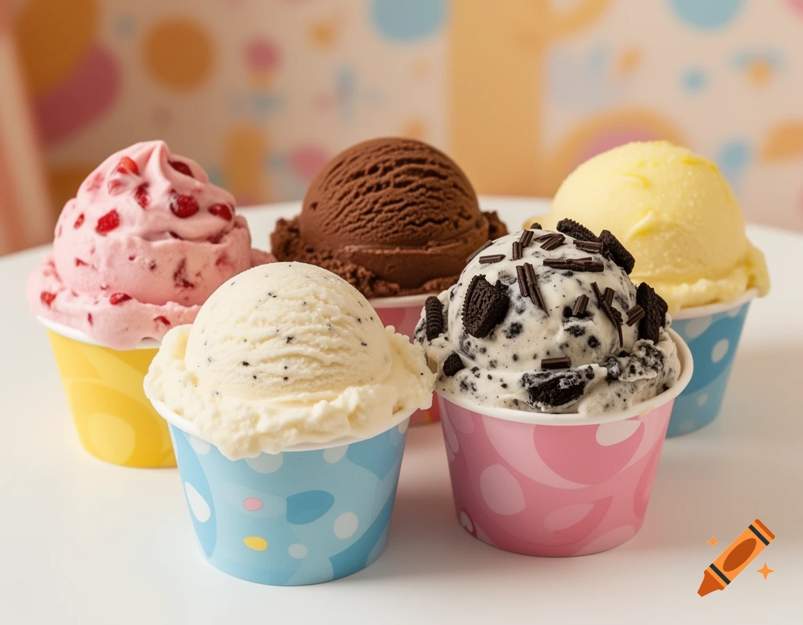 Five scoops of ice cream in colorful cups, including strawberry, chocolate, vanilla, cookies and cream, and lemon, on a white surface.