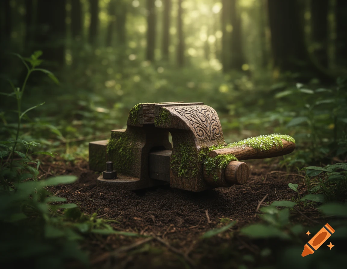 A moss-covered wooden vise with water droplets sits on the forest floor, surrounded by blurred green foliage.