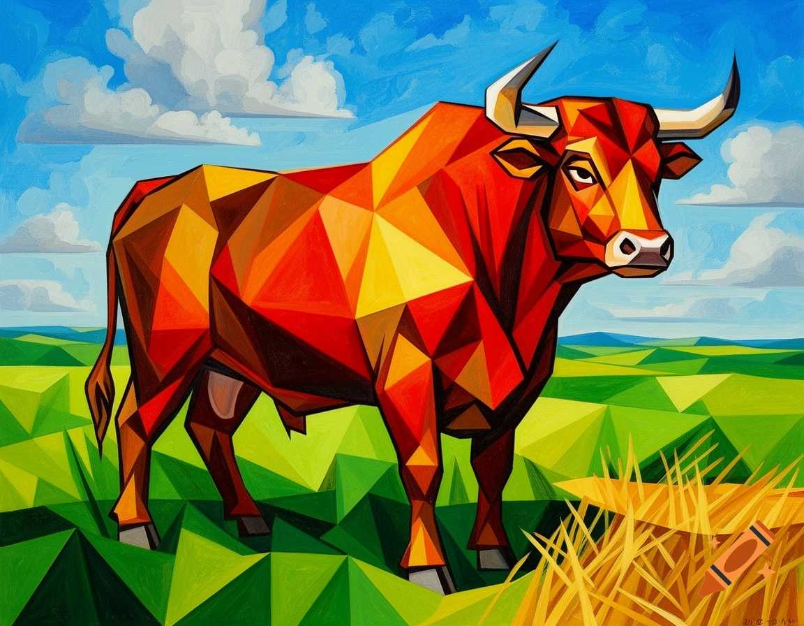A vibrant cubist painting of a red and orange bull standing in a green field under a blue sky with clouds.