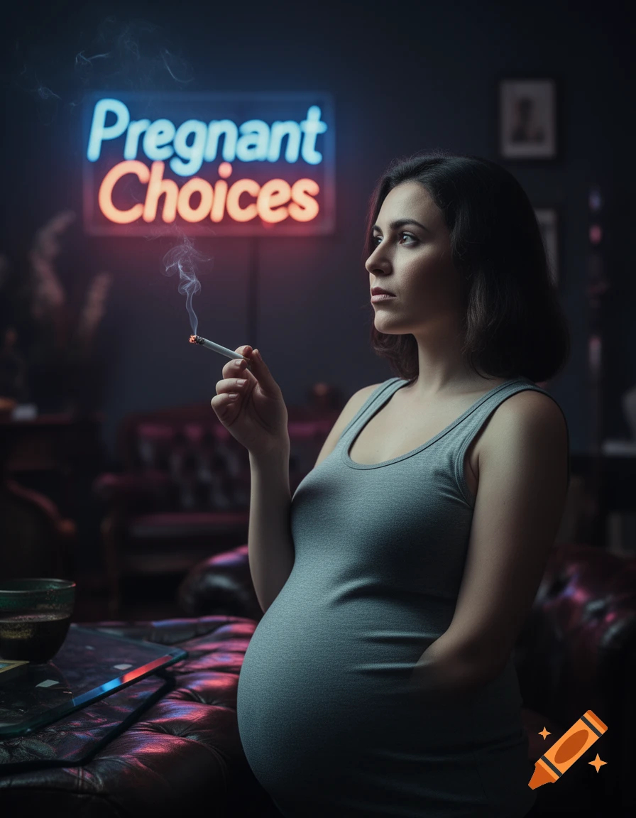 A pregnant woman in a gray tank top smokes a cigarette in a dimly lit room, with a neon sign reading 'Pregnant Choices' behind her.