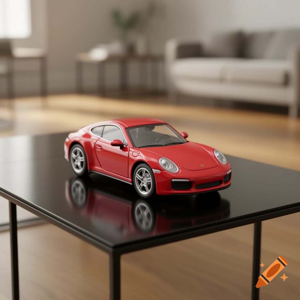 A red Porsche model car sits on a black coffee table in a modern living room.