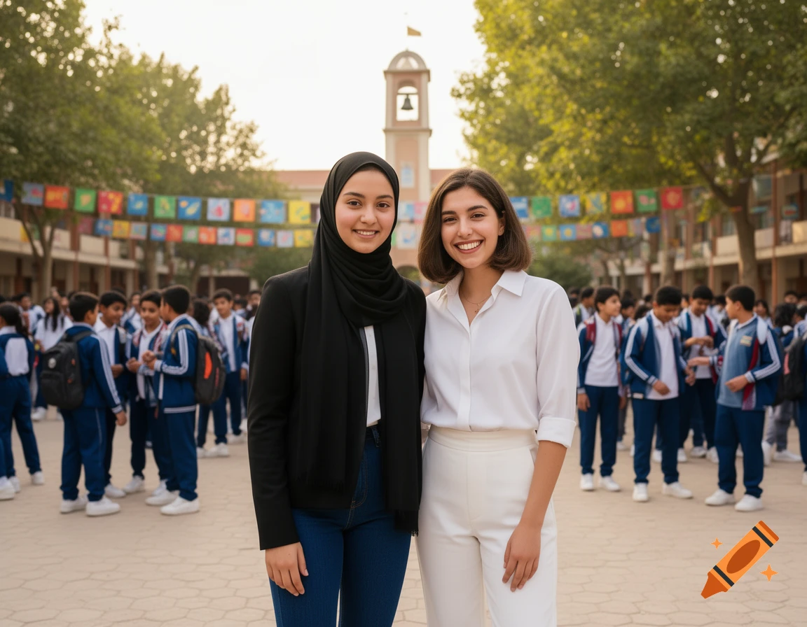Two smiling women, one in a black hijab, the other in a white shirt, stand together at a school with students in the background.