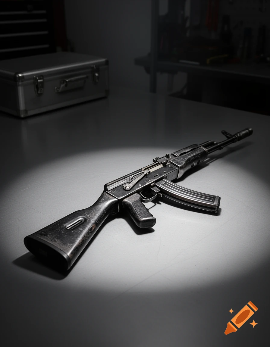 A photorealistic image of a weathered rifle, likely an AK-47 type, lying on a metallic surface under a spotlight. A metal toolbox is in the background.