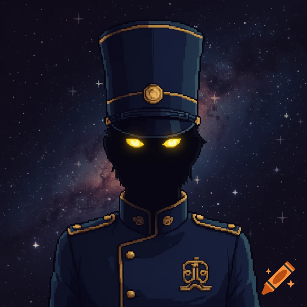 Pixel art of a mysterious figure in a dark blue conductor uniform and tall hat, with glowing yellow eyes against a starry cosmic background.