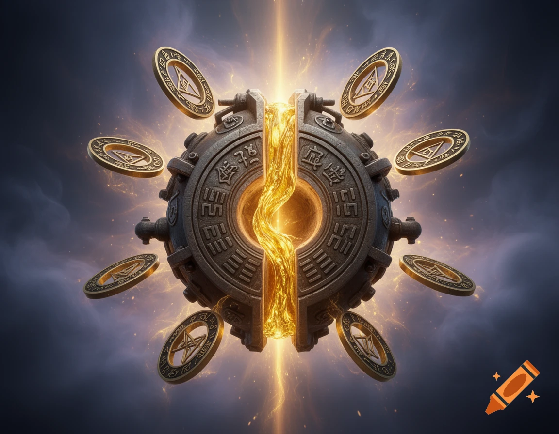 A glowing, intricate alchemical device with a golden energy core, surrounded by seven orbiting golden rings with symbols, against a dark, stormy sky.