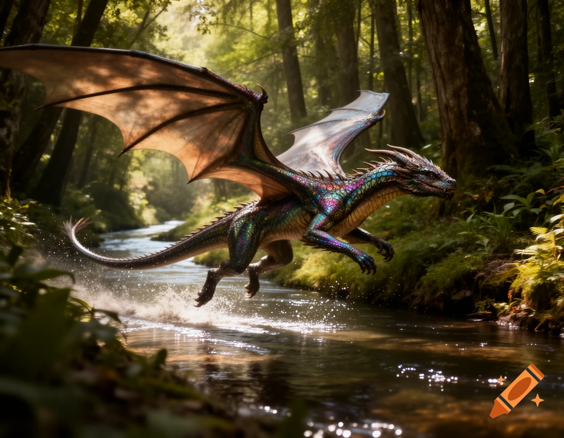 A vibrant, iridescent dragon leaps from a forest river, its wings spread, as water splashes around it.