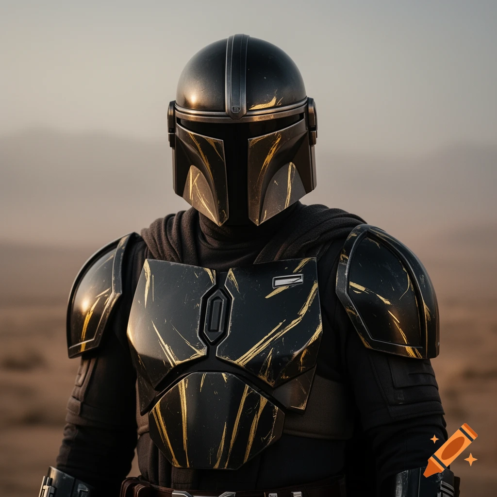 Close-up of a Mandalorian in black and gold Beskar armor standing in a desert landscape.