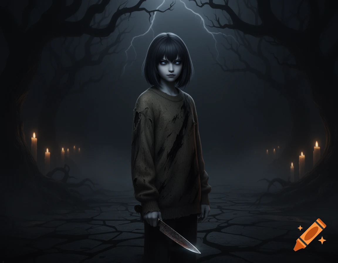 A pale, dark-haired child with glowing blue eyes holds a bloody knife in a dark, misty horror forest with candles and lightning.