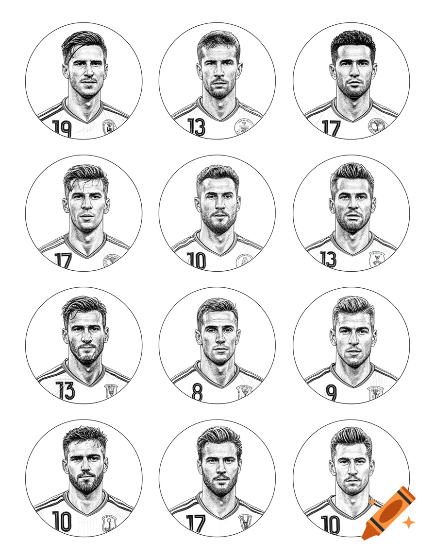 Twelve black and white sketch portraits of male football players, each with a jersey number, arranged in a grid.