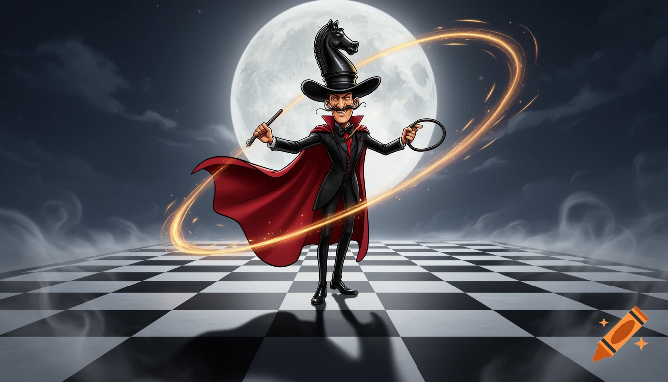 A cartoon showman with a chess knight hat and red cape stands on a giant chessboard under a full moon, holding a wand and ring, with glowing trails.
