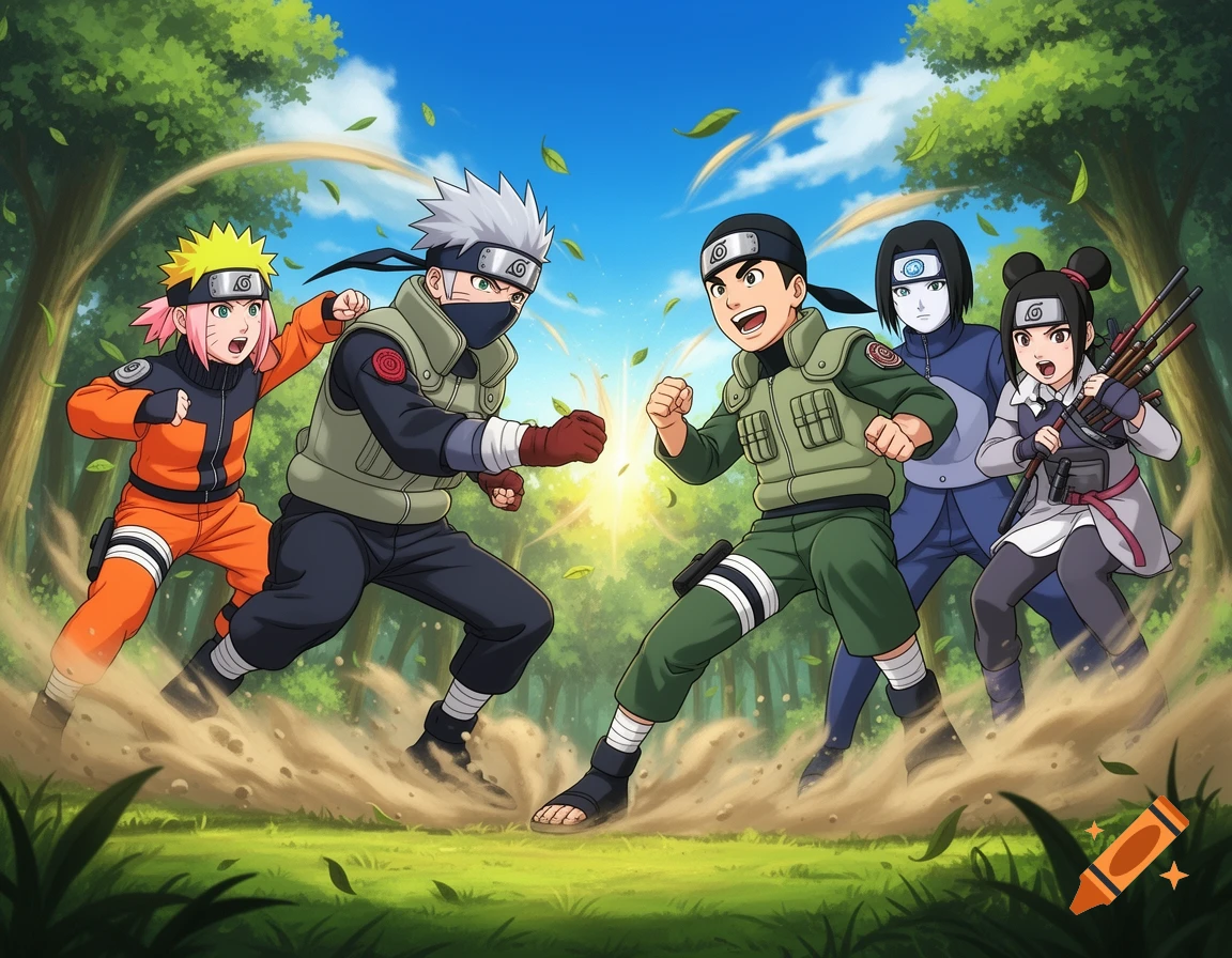 Anime characters from Team Kakashi (Naruto, Sakura, Kakashi) and Team Guy (Rock Lee, Shino Aburame, Tenten) engage in a training battle in a forest clearing.