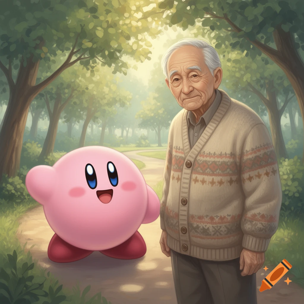 A pink Kirby and an elderly man stand side-by-side on a sunny, tree-lined path, in an illustrative style.