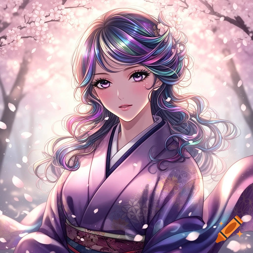 Anime girl with rainbow-colored hair in a purple kimono, surrounded by falling pink cherry blossoms.