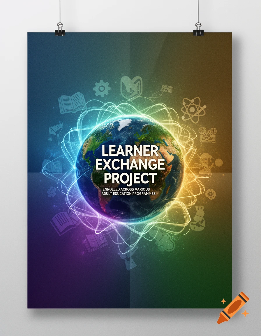 Vibrant digital poster with a globe surrounded by glowing lines and various educational icons, featuring text 'LEARNER EXCHANGE PROJECT'.