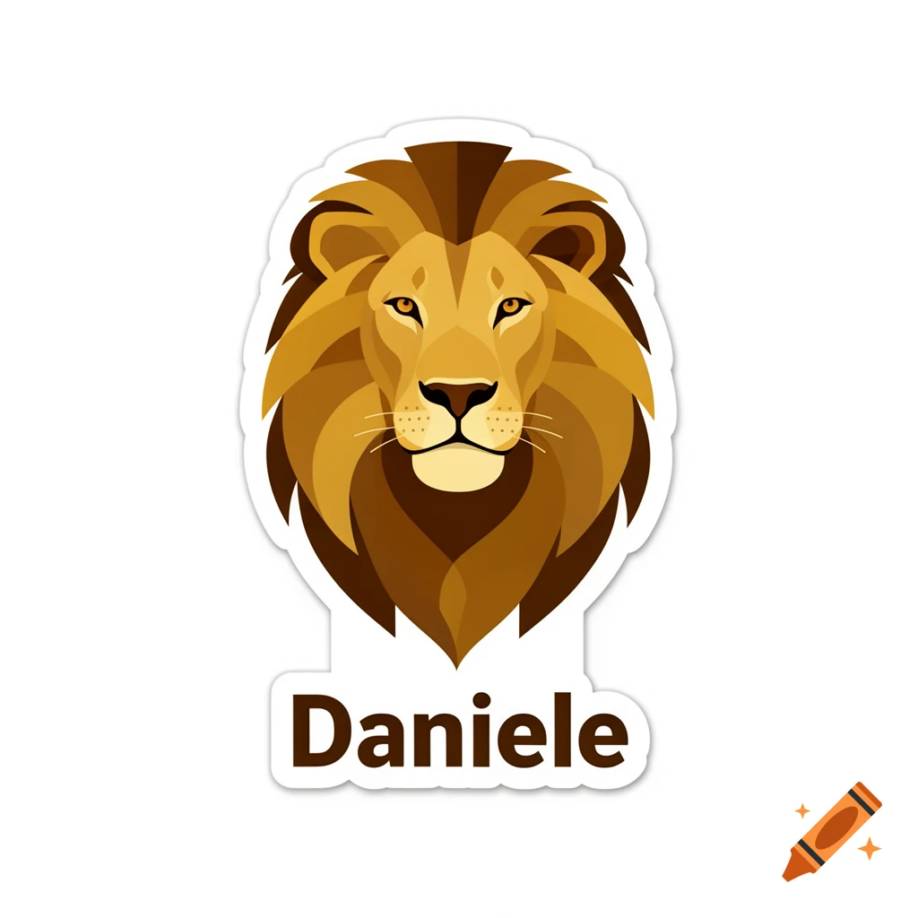 Stylized illustration of a lion's head with a brown mane, above the name Daniele, on a white sticker.