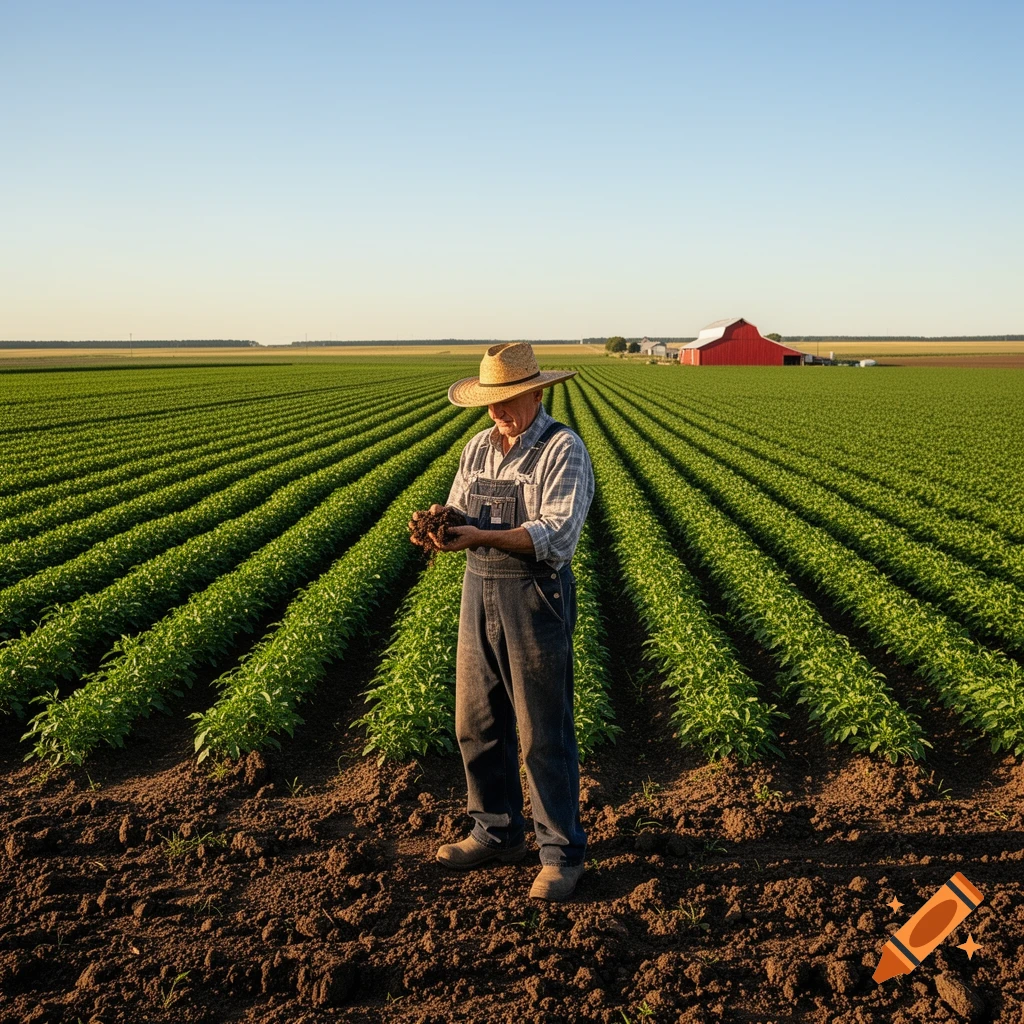 A farmer in a straw hat and overalls holds soil in his hands, standing in a vast green field with a red barn in the distance under a clear sky.