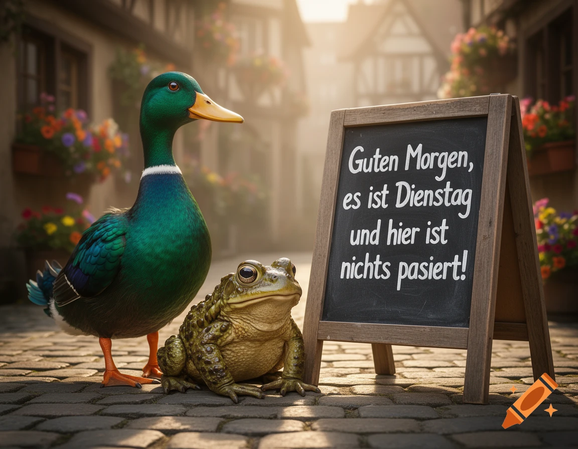 A photorealistic mallard duck and a toad next to a chalkboard on a cobblestone street in a quaint European town.