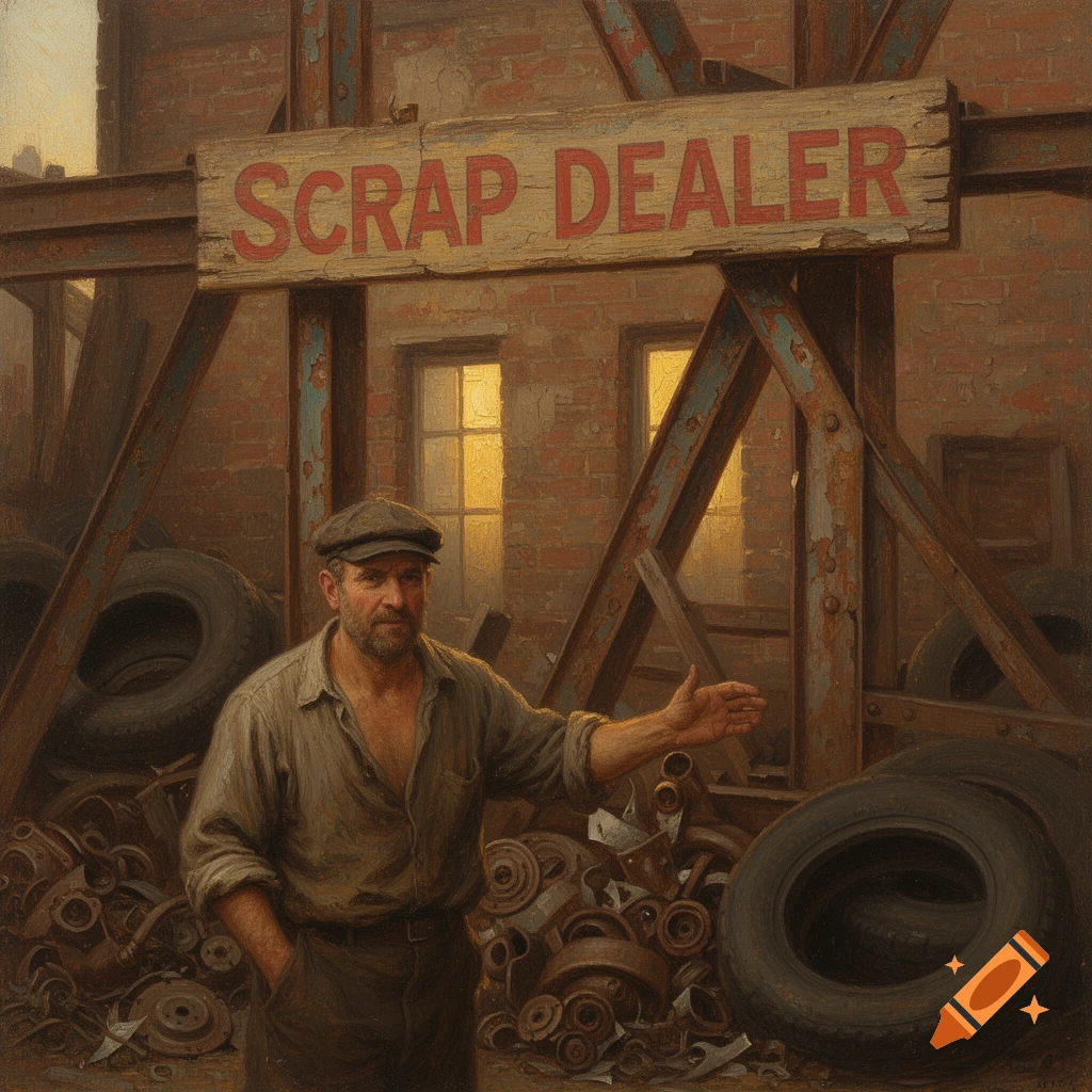 A man stands in a vintage oil painting style scrap yard beneath a 'SCRAP DEALER' sign, gesturing.